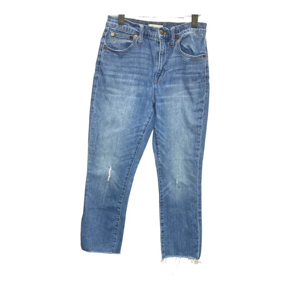 MADEWELL High Rise Slim Crop Boyfriend Jeans 25 Raw Hem Denim Cotton Blend Blue - Picture 2 of 5